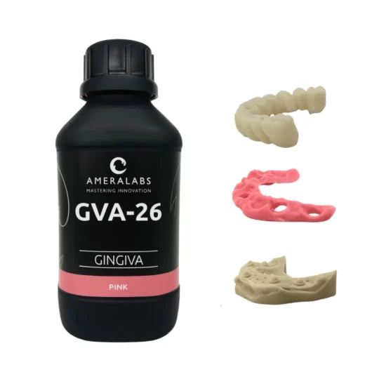 GVA-26 flexible gingival resin applied to dental model showing removable implant mask with natural gum-like appearance on prosthetic teeth