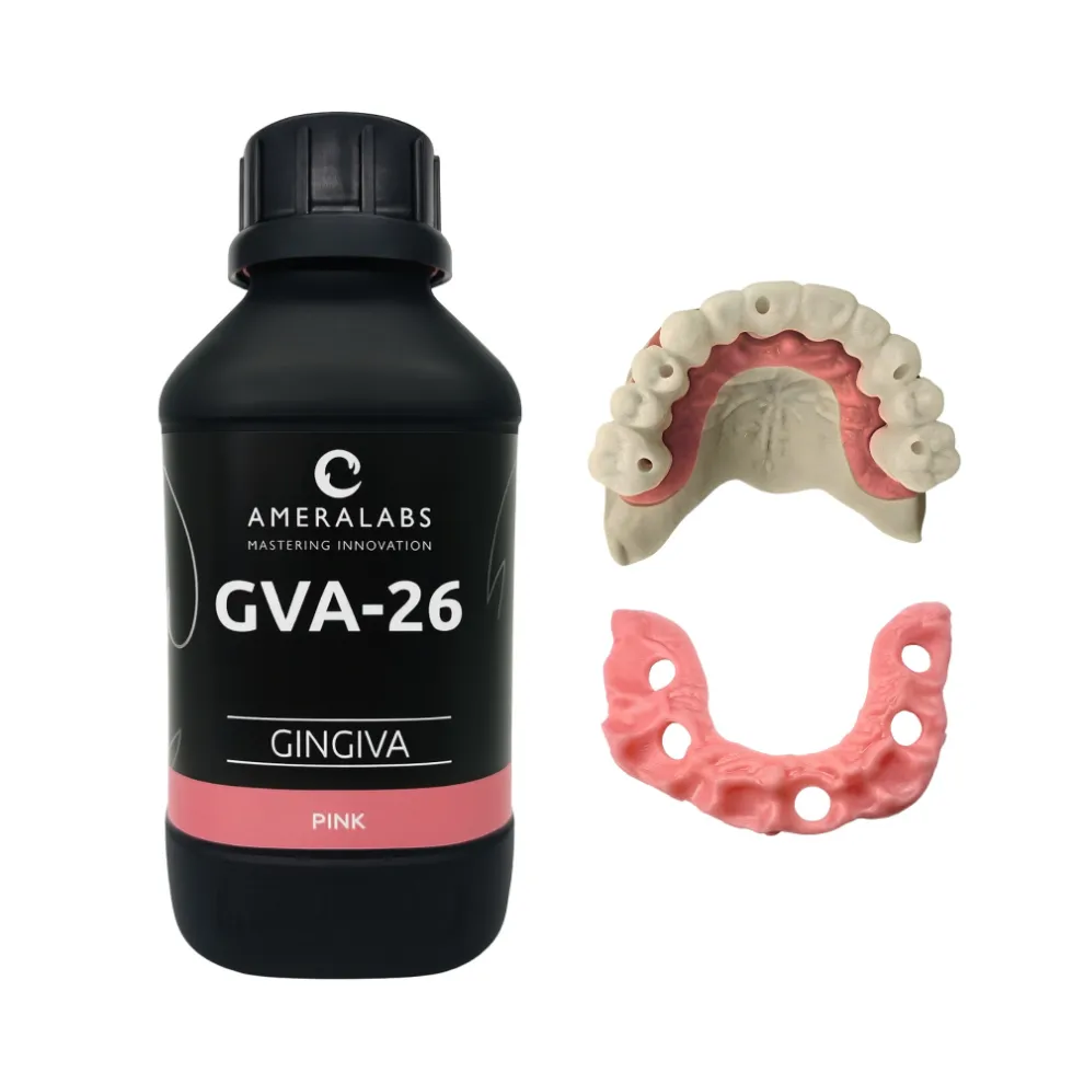 GVA-26 Gingiva Pink bottle next to detailed 3D-printed pink U-shaped gingival mask with vent holes and small teeth sample