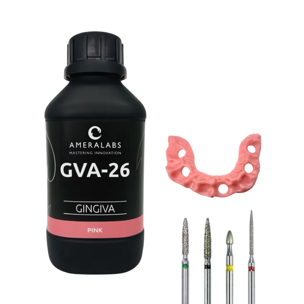 GVA-26 Gingiva Pink bottle, 3D-printed pink U-mask, and set of 4 diamond dental burs (green, black, yellow, red)
