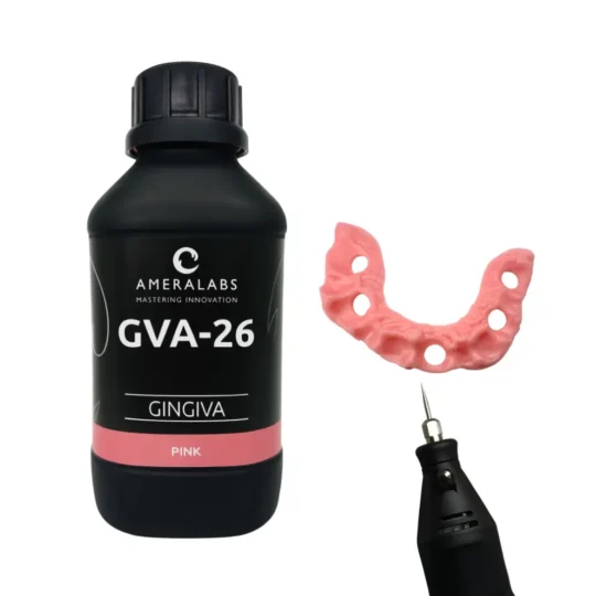 3D-printed pink U-shaped GVA-26 gingival mask with 4 holes beside black dental handpiece with fine needle tip